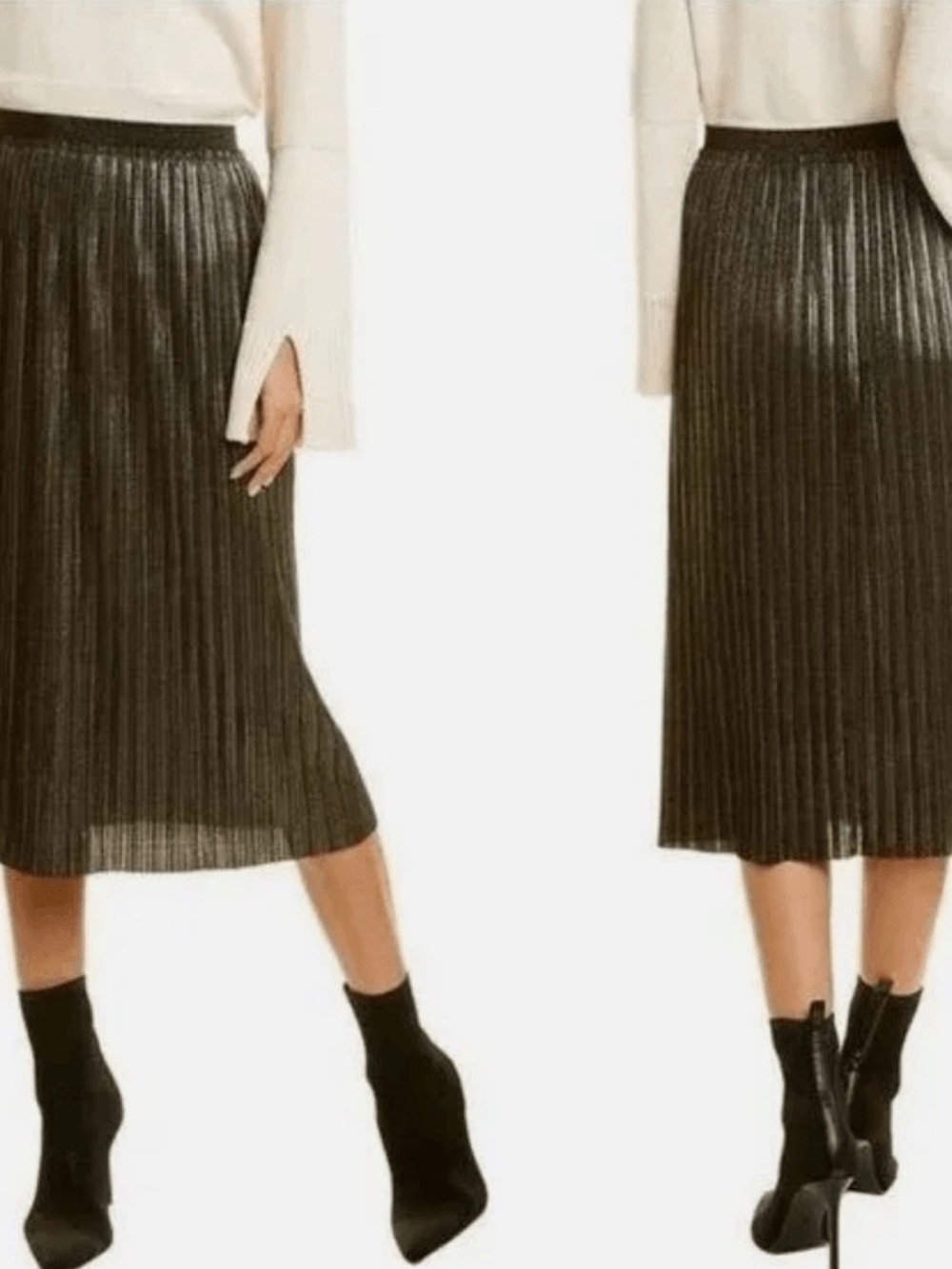 St. John Metallic Foil Accordion Pleated Midi Skirt Black Gold Shimmer Size S